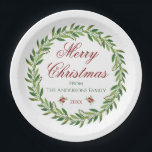 Merry Christmas Winter Wreath Family Paper Plate<br><div class="desc">Beautiful minimalist greenery wreath "Merry Christmas" customisable paper plates.</div>