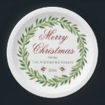 Merry Christmas Winter Wreath Family Paper Plate<br><div class="desc">Beautiful minimalist greenery wreath "Merry Christmas" customisable paper plates.</div>