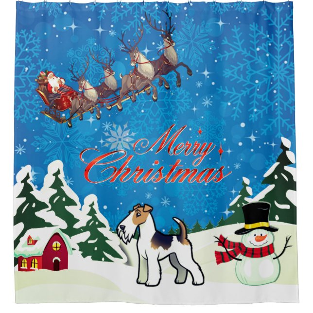 Merry Christmas Wire Fox Terrier With Santa Shower Curtain (Front)
