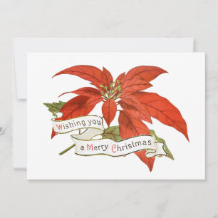 Merry Christmas Wish Red Poinsettia Flower Vintage Holiday Card