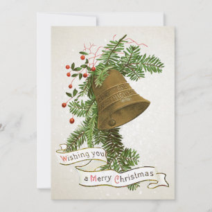 Merry Christmas Wish Vintage Bell Evergreen Berry Holiday Card