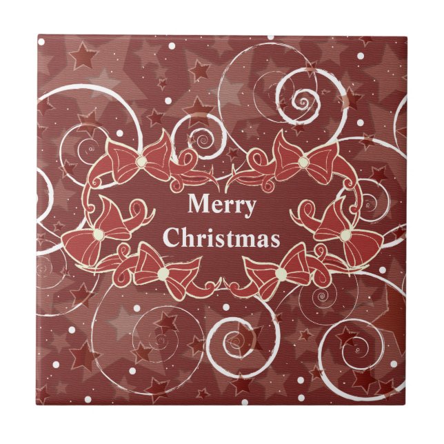 Merry Christmas wishes with bows and stars Ceramic Tile (Front)