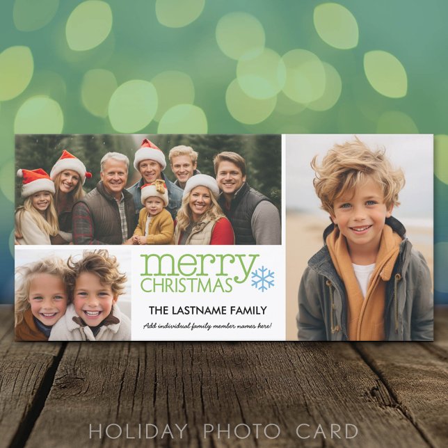 Merry Christmas with 3 photo collage - white green Holiday Card (Classic Holiday Photo Card)