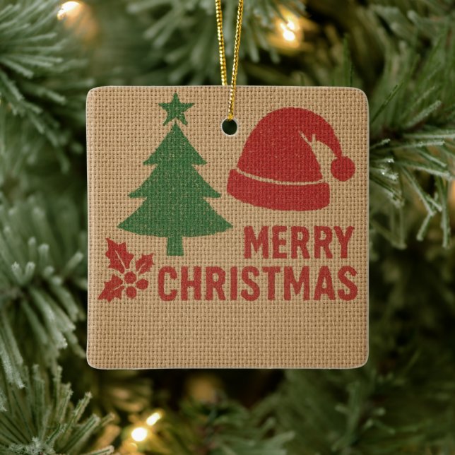 Merry Christmas with a cute knitted feel Ceramic Ornament (Tree)