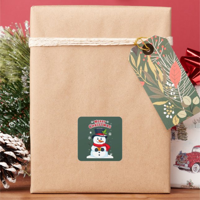 Merry Christmas with a Magic Snow Man Square Sticker (Holiday)