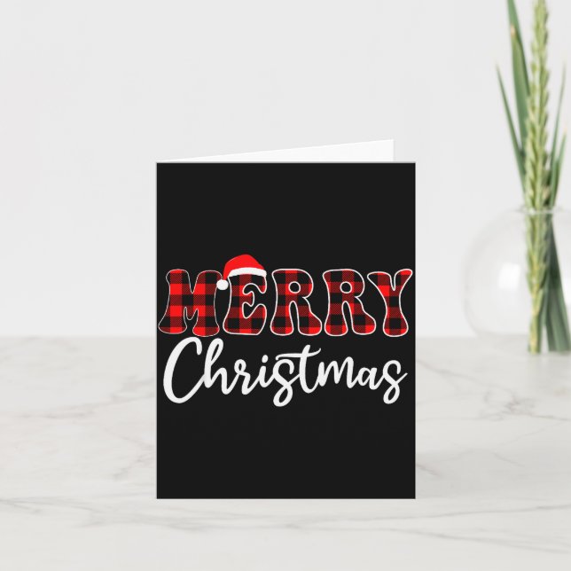 Merry Christmas With Black And Red Plaid Family Me Card (Front)