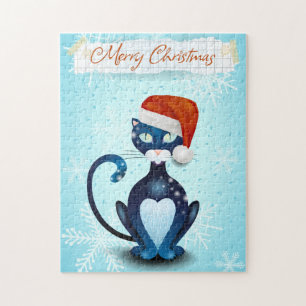 Merry Christmas with Black Cat with Santa's Hat Jigsaw Puzzle