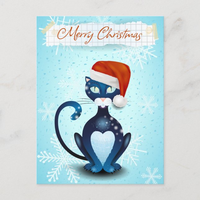 Merry Christmas with Black Cat with Santa's Hat Postcard (Front)