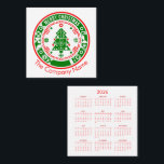 Merry Christmas with Calendar Square Business Card<br><div class="desc">Modern Bauhaus-style Christmas design featuring a bold geometric tree in festive red and green. This holiday emblem is fully customisable so you can add your own Company name.</div>
