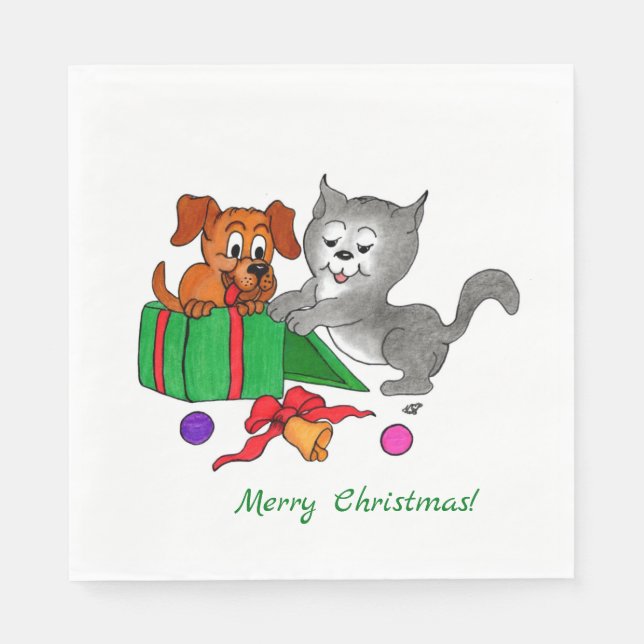 Merry Christmas with Cat and Dog Napkin (Front)