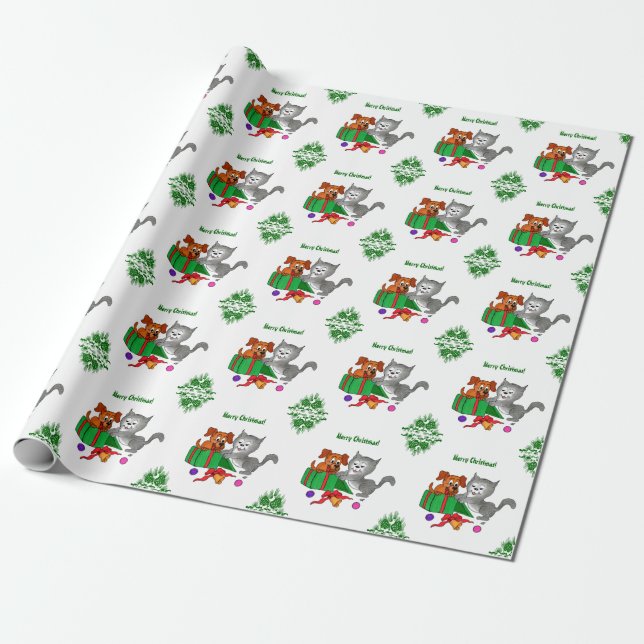 Merry Christmas with Cat and Dog Wrapping Paper (Unrolled)