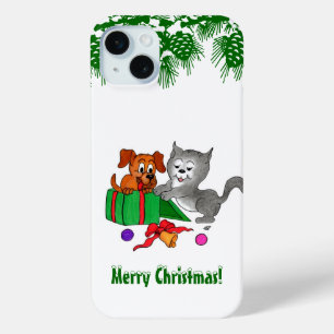 Merry Christmas with Cat and Puppy iPhone 15 Mini Case