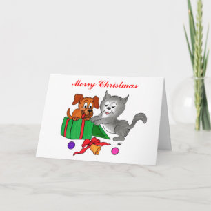 Merry Christmas with Cat and Puppy Holiday Card