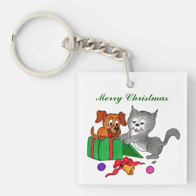 Merry Christmas with Cat and Puppy Key Ring (Front)