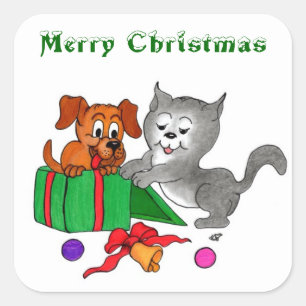 Merry Christmas with Cat and Puppy Square Sticker
