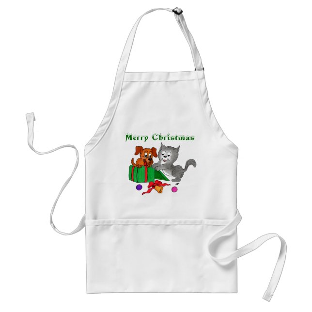 Merry Christmas with Cat and Puppy Standard Apron (Front)