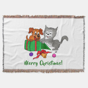 Merry Christmas with Cat and Puppy Throw Blanket