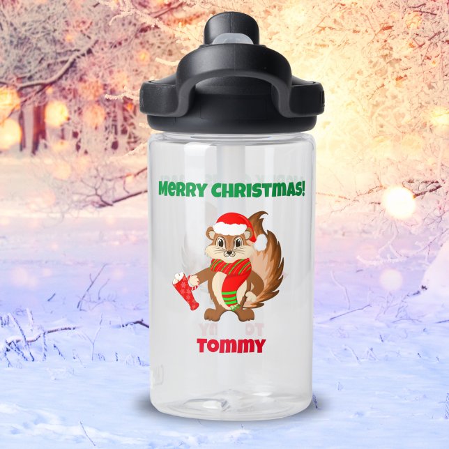 Merry Christmas With Chipmunk In Santa Hat Name Water Bottle (Merry Christmas with Whisker's Chipmunk! Personalize for a heartwarming gift.)