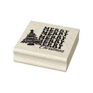 Merry Christmas with Christmas Tree Rubber Stamp