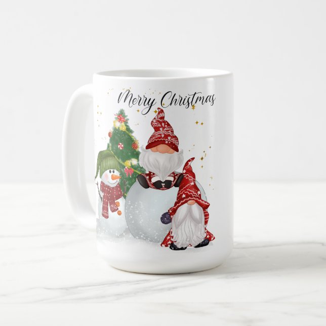 MERRY CHRISTMAS WITH CUTE GNOMES & SNOWMAN COFFEE MUG (Front Left)