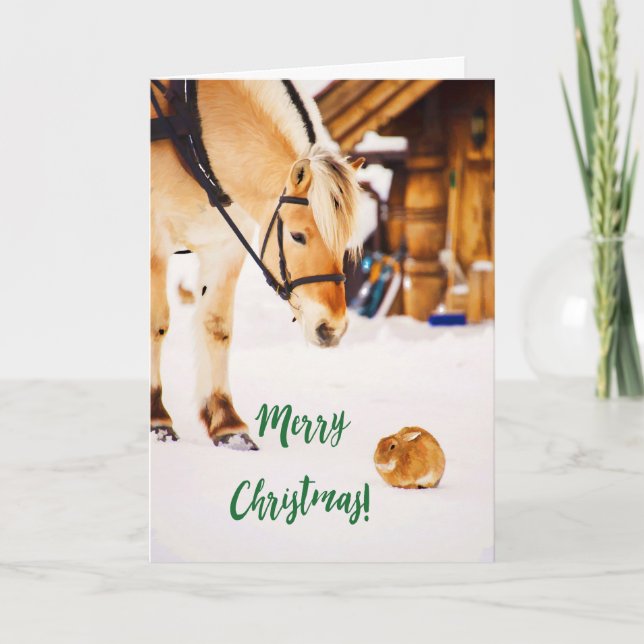 Merry Christmas with cute horse and rabbit in snow Holiday Card (Front)