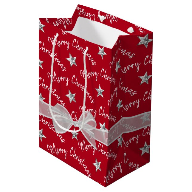 Merry Christmas with Diamond Stars Medium Gift Bag (Front Angled)