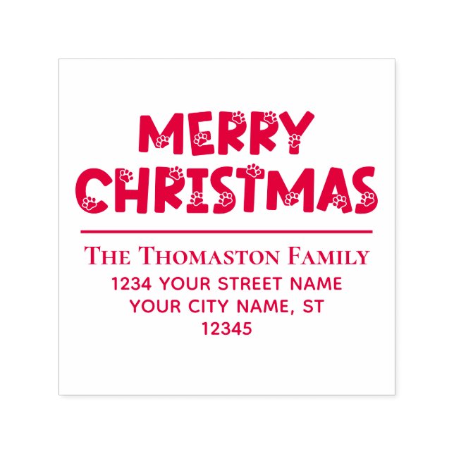Merry Christmas With Dog Paw Prints Name Address Self-inking Stamp (Design)