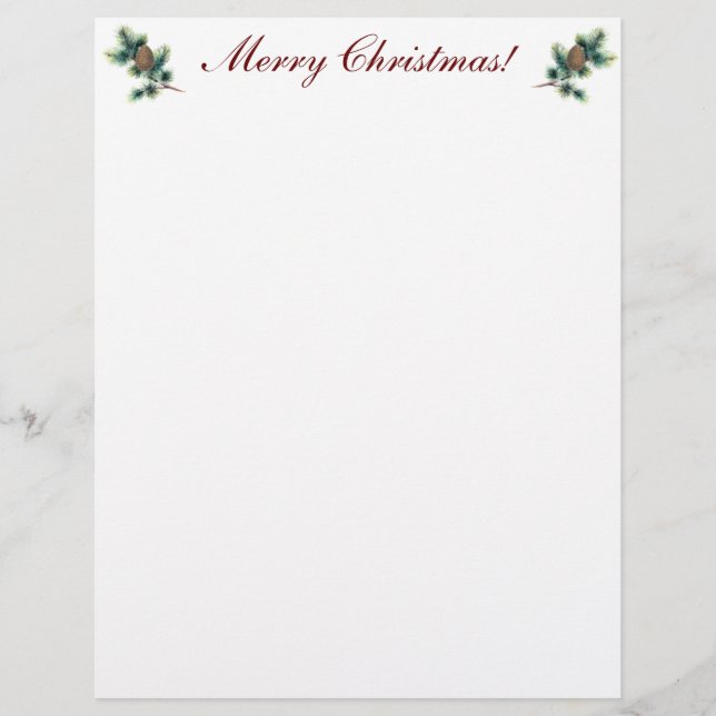 Merry Christmas with Evergreen Twigs and Cones Custom Letterhead (Front)