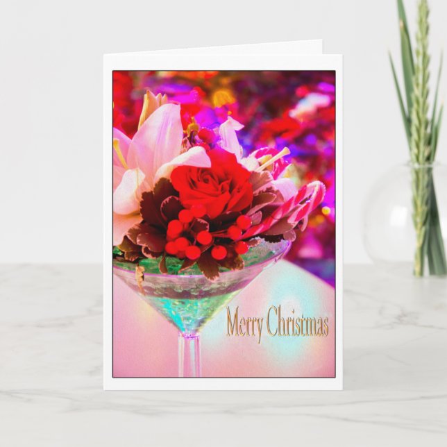 Merry Christmas With Flowers In Martini Glass Holiday Card (Front)