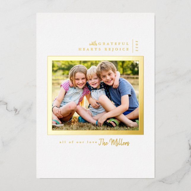 MERRY CHRISTMAS | With Grateful Hearts Rejoice Foil Holiday Card (Front)