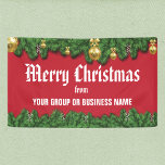 Merry Christmas with greenery border outdoor Banner<br><div class="desc">Merry Christmas banner with red background and greenery with gold ornaments borders at the top and bottom. Customise with your group or business name for an outdoor greeting or a parade banner.</div>