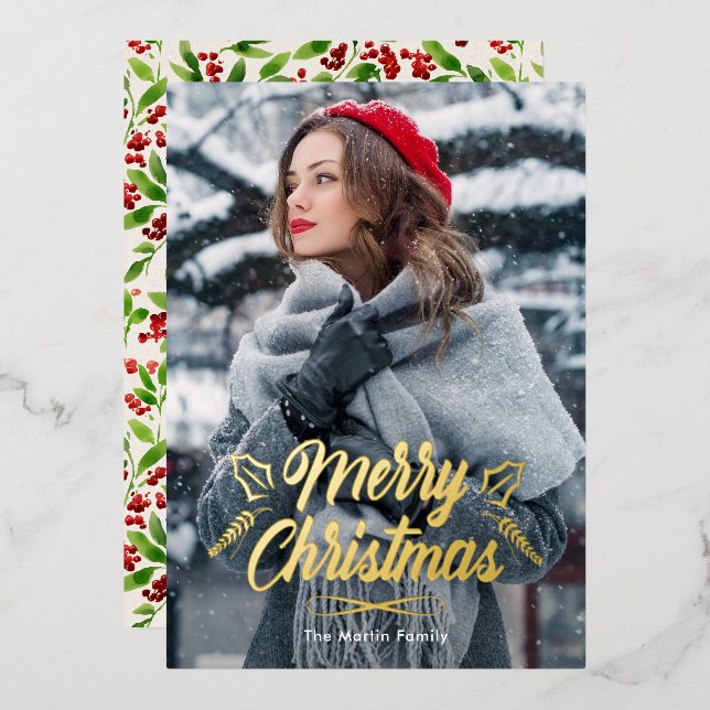 Merry Christmas with Ivory Botanical Print Photo (Front/Back)