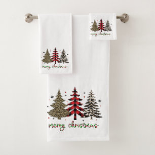 Merry Christmas with leopard and plaid printed  Bath Towel Set