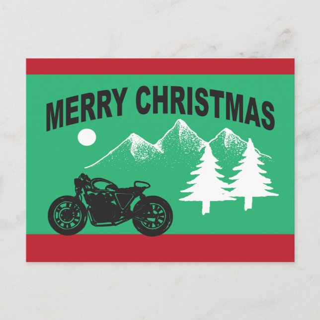 Merry Christmas with Motorcycle and Mountains Postcard (Front)