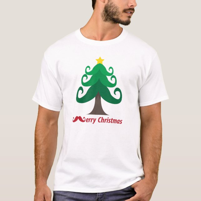 Merry Christmas with Moustache Christmas Tree T-Shirt (Front)