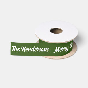 Merry Christmas with Name Dark Green and White Satin Ribbon