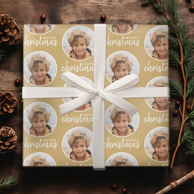 Merry Christmas with One Circle Photo - gold Wrapping Paper (Personalized Christmas Wrapping Paper - Add your Photo for a festive gift!)