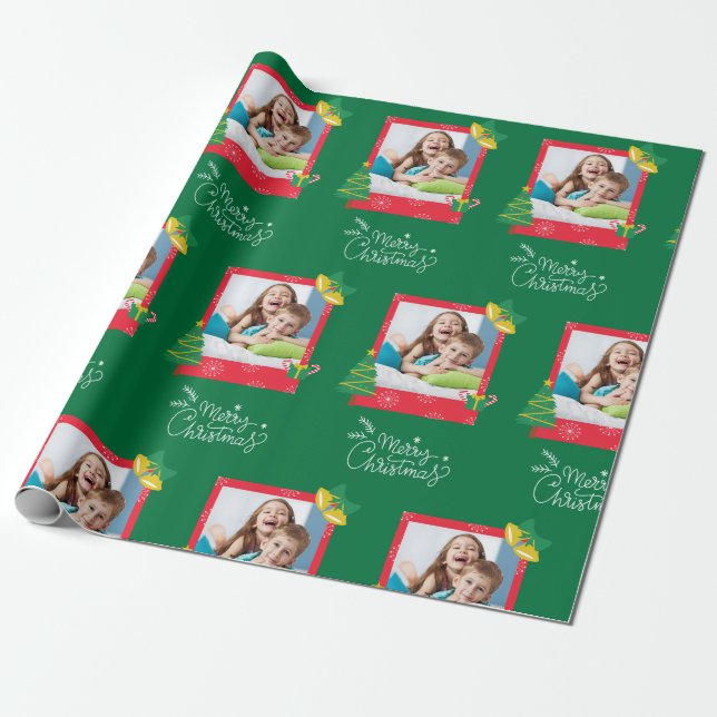 Merry Christmas With One Frame Photo Green Wrapping Paper (Unrolled)