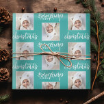 Merry Christmas with One Square Photo - blue Wrapping Paper<br><div class="desc">Add one picture to this cute holiday illustration - perfect for the kids. A simple and modern photo to make a memorable wrap under your tree.</div>