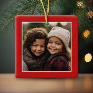 Merry Christmas with One Square Photo - red Ceramic Ornament