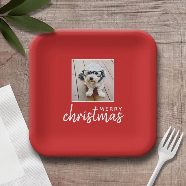Merry Christmas with One Square Photo - red Paper Plate (Personalized Christmas party plates with a photo and text)