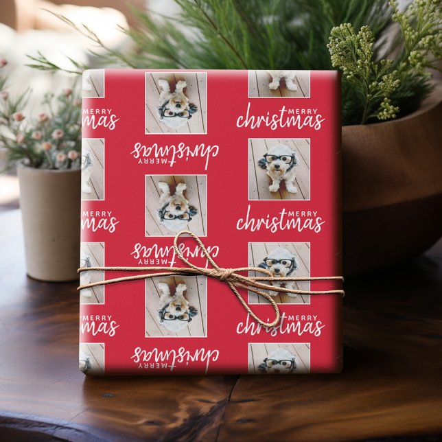 Merry Christmas with One Square Photo - red Wrapping Paper (Personalized Photo Wrapping Paper)