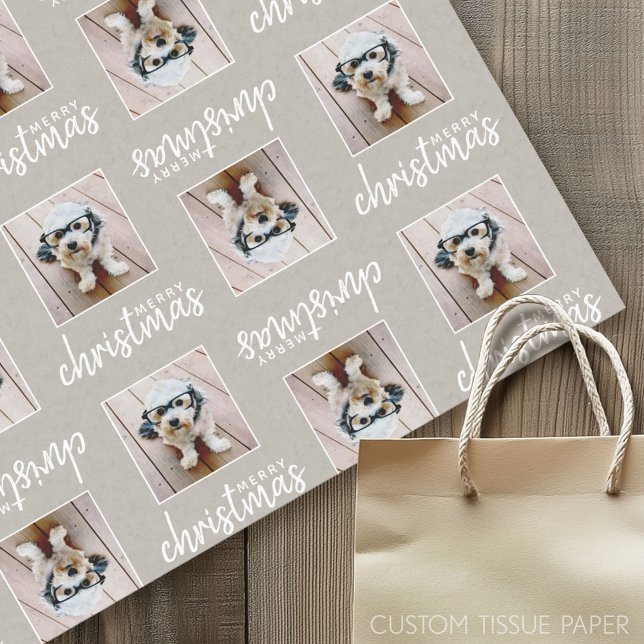 Merry Christmas with One Square Photo taupe Tissue Paper (Custom Tissue Paper)
