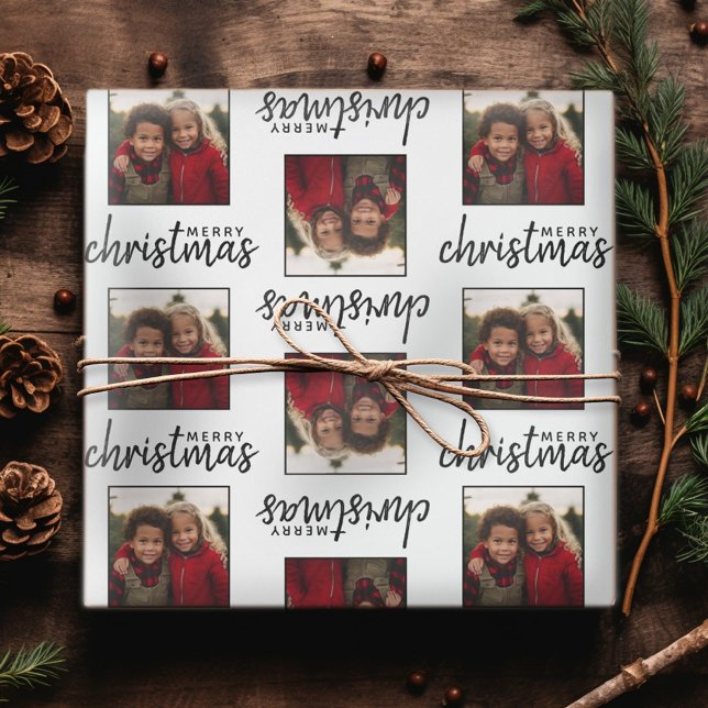 Merry Christmas with One Square Photo - white Wrapping Paper (Personalized Christmas Wrapping Paper - Add a photo to this festive design!)