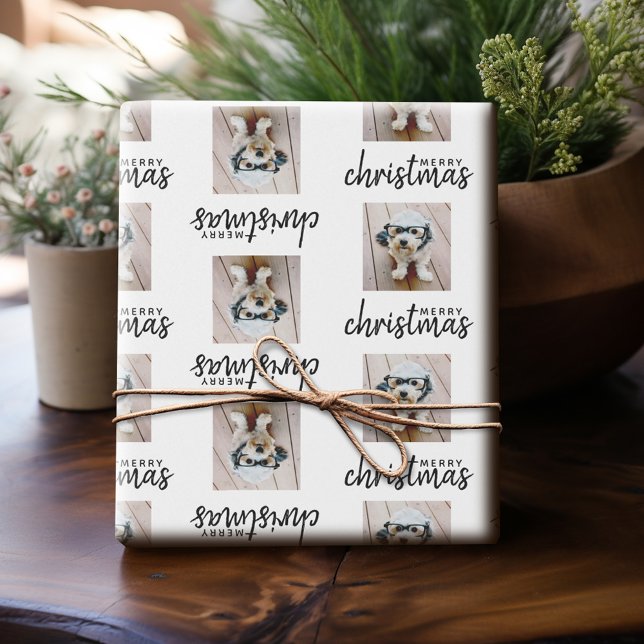 Merry Christmas with One Square Photo - white Wrapping Paper (Personalized Photo Wrapping Paper)