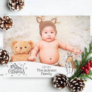 Merry Christmas with photo, snowy frame & reindeer Holiday Card