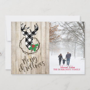 Merry Christmas With Plaid Deer Head Photo Card