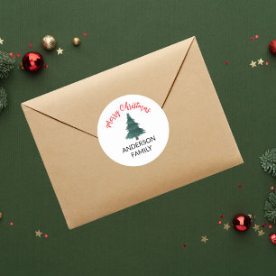 Merry Christmas with Red Text and Christmas Tree Classic Round Sticker