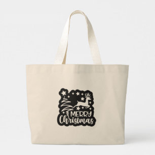 Merry Christmas with Reindeers and Christmas Tree Large Tote Bag