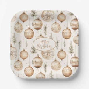 Merry Christmas with Rustic Ornaments and Pine Paper Plate